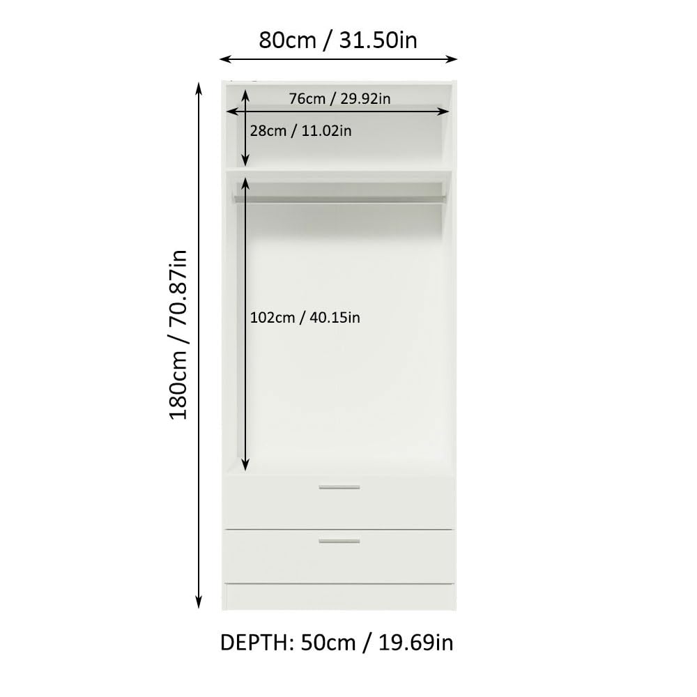 Madesa 2 Door 2 Drawer Storage Cabinet Wardrobe with Shelf and Hanging Space 31" L Wooden Armoire Closet Organization Unit for Bedroom and Office - White Madesa