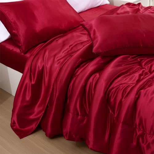 A Nice Night Satin Silky Soft Quilt Sexy Luxury Super Soft Microfiber Bedding Comforter Set, Light Weighted (Red, King) A Nice Night