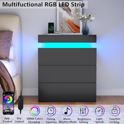 Nightstand with Charging Station and LED Lights, Night Stand with 3 Large Drawers, Bedside Table with Storage, Modern End Side Table, Black Night Stands for Bedroom, Living Room, 23.62" W×26.97" H Gyfimoie