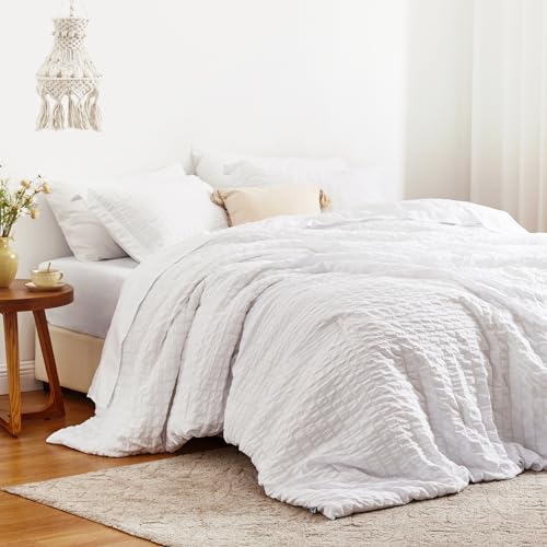 Love's cabin Seersucker White Twin Comforter Set, 5-Piece All Season Lightweight Bed in a Bag Bedding Set with Comforter, Flat Sheet, Fitted Sheet, Pillowcase and Sham Love's cabin