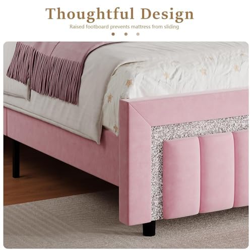 HOMBCK King Size Bed Frame, Pink Bed Frame King with Diamond Vertical Channel Headboard, Upholstered Velvet Headboard and Footboard, Adjustable Headboard, No Box Spring Needed, Easy Assembly, Pink HOMBCK