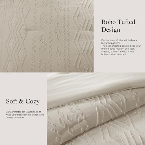 AMBERSPACE King Size Comforter Set Beige, Tufted Boho Bedding Farmhouse Bed Set, All Season 7 Pieces Bed in a Bag with Sheets, Pillowcases & Shams AMBERSPACE