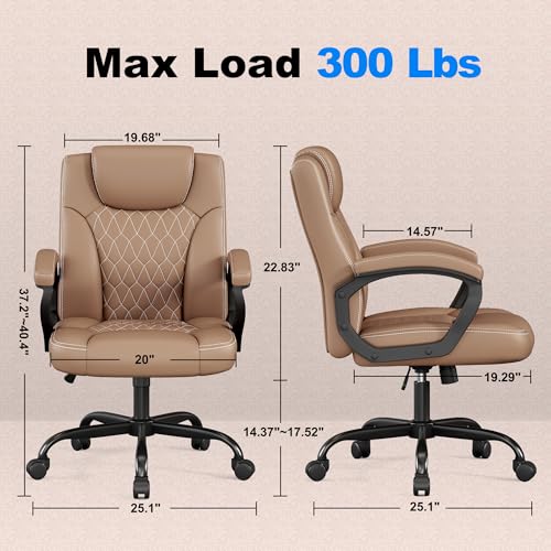 Misolant Office Chair, Executive Desk Chair, PU Leather Comfortable Ergonomic Chairs with Fixed Armrest, Adjustable Height, Rocking Function, 360° Swivel Wheels, Brown Misolant