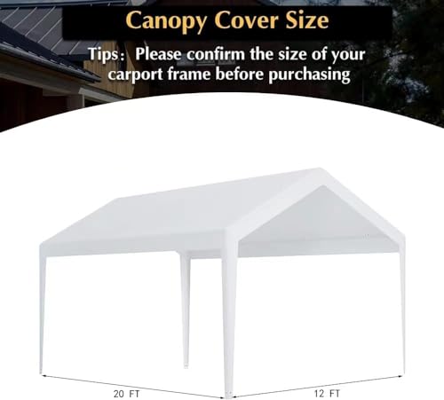Rutile 12 x 20 FT Carport Replacement Cover, Heavy Duty Car Tarp Canopy Tent Garage Top Shelter Cover with Fabric Leg Pole Skirts and Ball Bungees White (Only Top Cover, Frame is not Included) Rutile
