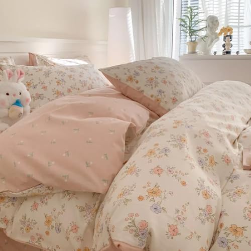Erwinmu Floral Duvet Cover Set Queen Size,Pink White Floral Pattern Reversible Bedding Set for Girls Kids,Garden Style Microfiber Comforter Cover with Zipper Closure and 2 Pillowcases Erwinmu