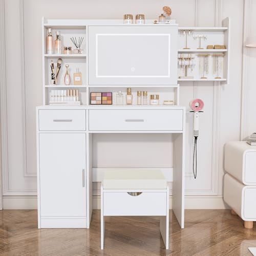 Viaozutis Vanity Desk with Mirror and Lights, with Hidden Shelves,4 Compartments,2 Drawers,Cabinet & Stool,Dimmable LED Lights,Power Outlets, Ideal for Bedroom Vanity Organization(White) Viaozutis