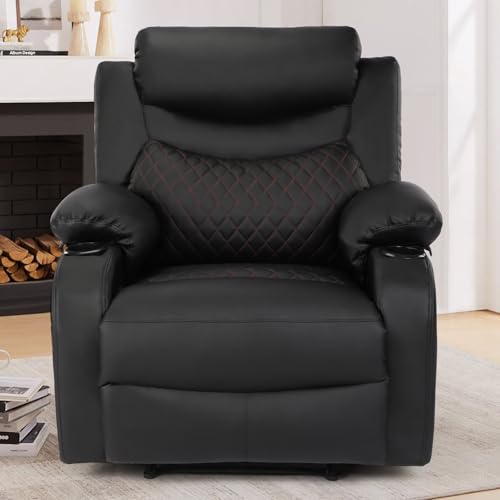 linting Massage Recliner Chairs with Heat, Wide Seat Reclining Lounge Chair for Home Theater, Faux Leather Heated Massaging Manual Recliner Chair with Cup Holder for Adult, Black