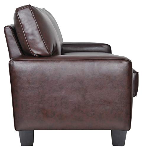 Serta Palisades 61" Track Arm Sofa, Durable Bonded Leather, Soft Pillow Back, Pocket Coil Seat Cushions, Loveseat or Couch for Small Spaces, Living Rooms or Bedrooms, Chestnut Brown Serta