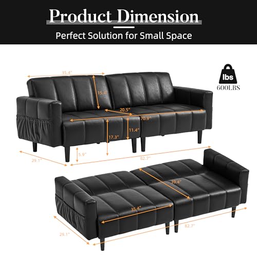 hausway 83”Faux Leather Futon Couch,Mid Century Modern Convertible Leather Sofa with Adjustable Backrest,Storage Pocket,Wooden&Steel Frame for Office,Living Room,Space-Saving,Black hausway