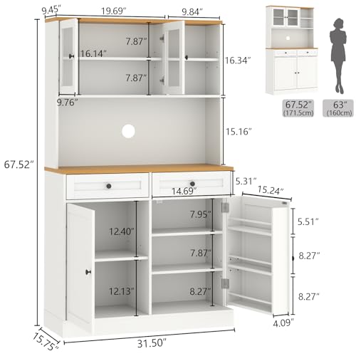 Tall Pantry Cabinet, Modern Kitchen Hutch with Microwave Stand, Kitchen Pantry Storage Cabinet with 2 Darwers & Door Shelf, Food Pantry with Glass Doors & Adjustable Shelves for Dining Room, White Gyfimoie