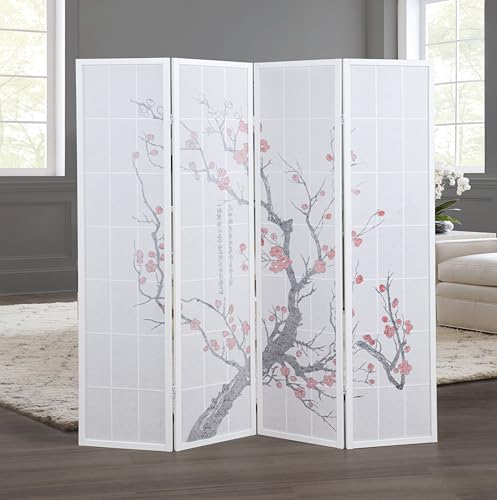 Roundhill Furniture White Japanese 4-Panel Screen Room Divider, Plum Blossom Roundhill Furniture