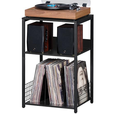 LELELINKY Large Black Record Player Stand, 3 Tier Big End Table with Vinyl Storage Up to 130 Albums, Turntable Stand, Industrial Printer Tables, Modern Side Tables for Living Room, Bedroom, Office