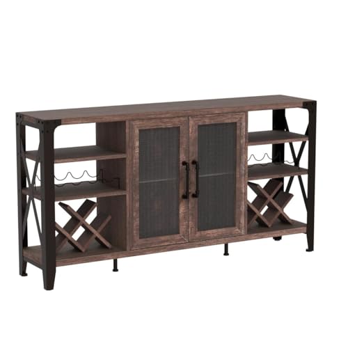 Vabches Dark Brown Farmhouse Wine Bar Cabinet with LED Lighting and Ample Storage Vabches