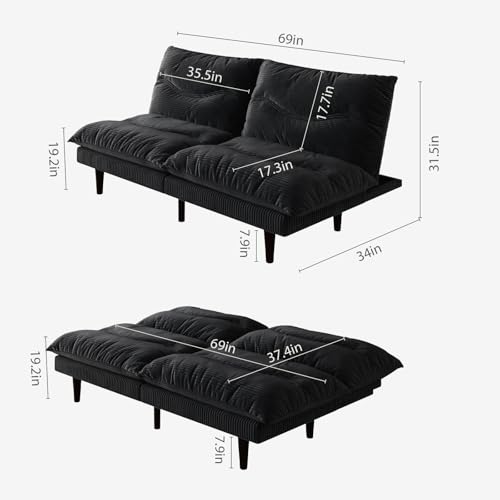 DreamDashio Futon Sofa Bed, 69 inch Futon Couch with Adjustable Backrest, Corduroy Convertible Sleeper Sofa Bed, Folding Sleeper Recliner for Apartment, Living Room, Office, Black DreamDashio