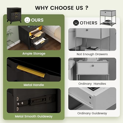 Gurexl 3-Color LED Night Stands Set of 2, Modern Nightstand with Charging Station&Human Body Sensing, 2-Drawer Wood Bedside Table for Bedroom,Black Gurexl