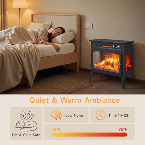 24″ Freestanding Electric Fireplace Stove with 3D Flame Effect and 6 Flame Color, 1000/1500W Infrared Fireplace Stove, 5200 BTU Electric Fireplace Heater with Remote and Timer for Indoor, Black ONBRILL