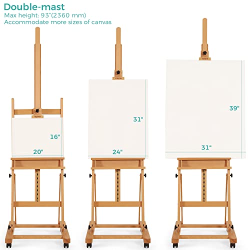 VISWIN Premium H Frame Easel 75" to 146"H, Hold Canvas to 93", Solid Beech Wood Large Artist Easel for Painting Canvas, Studio Floor Easel Stand with Storage Tray, Wheel, Wooden Art Easel for Adult-N VISWIN