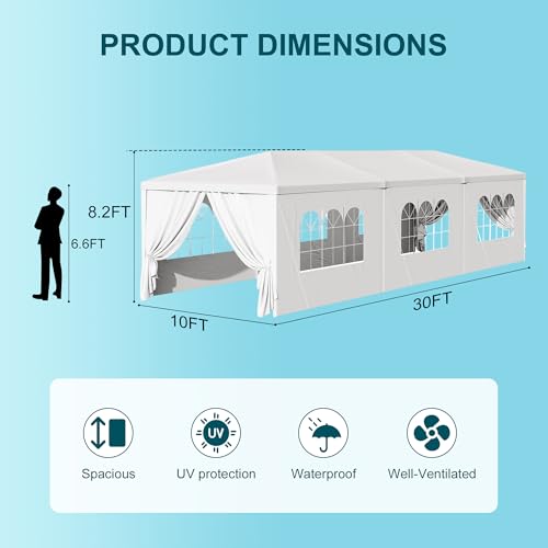 10' x 30' Outdoor Canopy Tents with 8 Detachable Sidewalls, White Patio Gazebo Tents, Shade Shelters for Birthday, Events, Party, Wedding, Gatherings and Patio Usnipoya