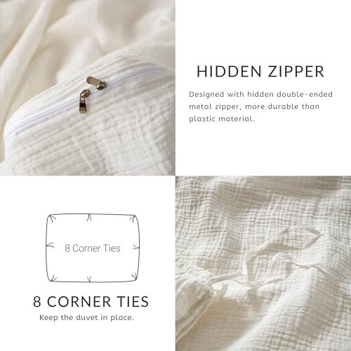 AGSIT Muslin Duvet Cover 100% Washed Cotton, Queen Size Duvet Cover Set Linen Like, Minimalist Soft Comforter Cover 3 Pieces, Lightweight Gauze Duvet Cover with 2 Pillowcases, 90”x90”, Pure White AGSIT