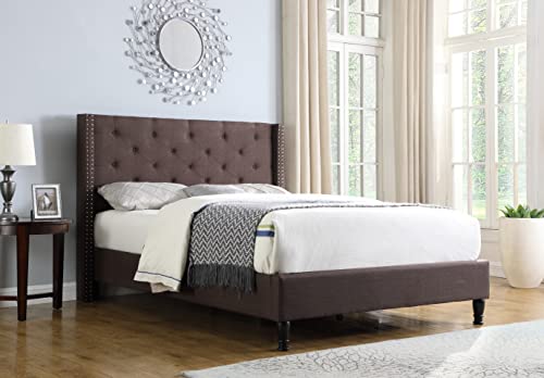 Full Upholstered Platform Bed Frame with 51" Tall Headboard - Button Tufted Cloth Bed - Wood Slat Support with Storage Space - No Box Spring Needed - Easy Assembly - Brown - Oliver & Smith - Astor OLIVER & SMITH SINCE 1921