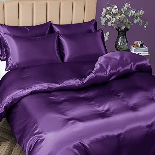 P Pothuiny 5 Pieces Satin Duvet Cover Full/Queen Size Set, Luxury Silky Like Purple Duvet Cover Bedding Set with Zipper Closure, 1 Duvet Cover + 4 Pillow Cases (No Comforter) P Pothuiny