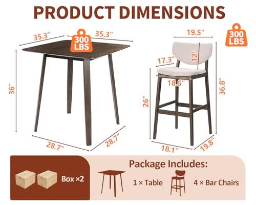 PrimeZone 5 Piece Dining Table Set - Counter Height Bar Table and Chairs Set for 4, Mid-Century Modern Upholstered Bar Stools with Back & Wood Kitchen Table, Dinette Set for Dining Room, Pub PrimeZone