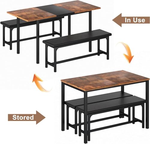 VECELO 3-Piece 63" Extendable Kitchen Table with Benches/Chairs, Modern Breakfast Dinette/Dining Room Set for 4/6/2, Small Space Saving Design, Easy Assembly VECELO