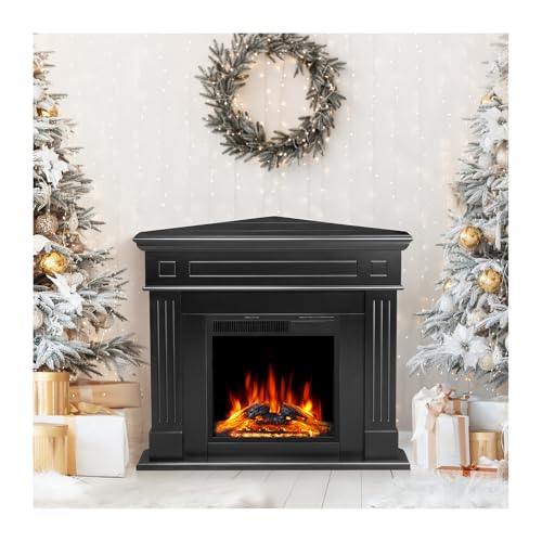 43.31 Inch Corner Fireplace TV Stand with Mantel - Electric Fireplace Heater, Wooden Entertainment Center, Adjustable LED Flame, Freestanding (750W/1500W),Corner Black ZAFRO