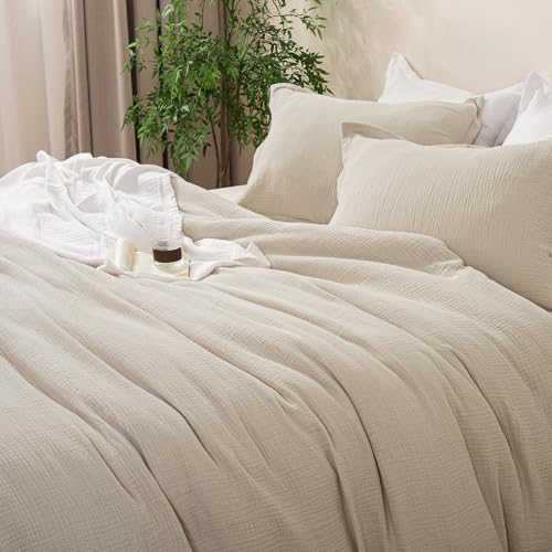 David's Home Cotton Muslin Comforter Set Twin Size, Soft Lightweight Breathable Cozy Skin-Friendly, 3PCS Linen Like Gauze Bedding with Pillow Shams, Aesthetics Home Decor & Giftable, Natural David's Home