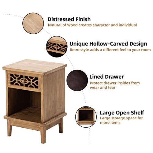 COZAYH Retro Rustic Nightstand Solid Fir End Table Side Table with Hand Carved Front and Open Shelf for Boho, French Country, Farmhouse Style, Natural COZAYH