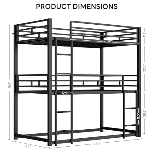 LIKIMIO Bunk Bed, Triple Bunk beds Twin Over Twin Over Twin with 2 Ladders, Metal Frame with Guardrails for Bedroom, No Box Spring Needed, Black LIKIMIO