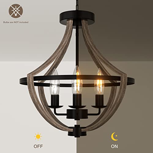 16.5" Farmhouse Light Fixtures Chandelier, 4-Light Rustic Flush Mount Ceiling Light, Modern Faux Wood Light Fixture for Dining Room Kitchen Foyer Hallway Entryway Bedroom Closet Seealle