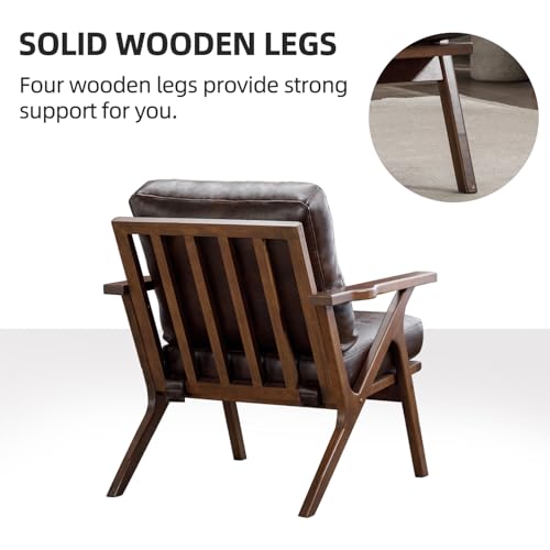 INZOY Mid-Century Modern Accent Chair with Wood Frame Set of 2, PU Leather Living Room Chair and Soft Thick Padded Armchair for Living Room Bedroom Reception with Removable Upholstered Cushions, Brown INZOY
