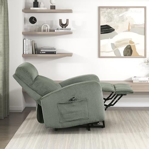 Lexicon Power Lift Recliner Chair for Elderly with Remote Control, Gentle Lift Motion, Side Pocket Armrest, Corduroy Upholstered Electric Recliner for Living Room/Bedroom, Easy Assembly, Green