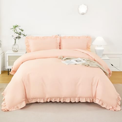 ZSYAYAHA Peach Pink Duvet Cover Twin Size 3 Pieces Ruffle Bedding Cover Set Boho Shabby Chic Comforter Cover Set for Girls Kids Teens(Peach Pink, Twin) ZSYAYAHA