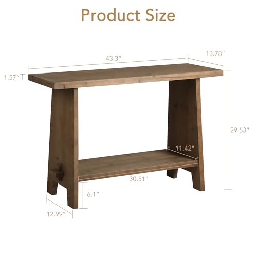 HOKYHOKY Solid Wood Console Table, 43.3" Farmhouse Entryway Table with Storage Shelf, Rustic Narrow Skinny Behind Couch Sofa Table for Living Room, Hallway, Entryway, Foyer, Brown HOKYHOKY