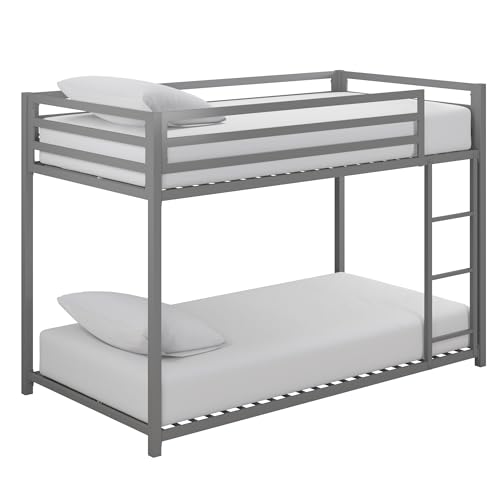 DHP Miles Silver Low Metal Bunk Bed Frame for Kids - Twin Over Twin with Built-in Ladder and High Guardrails DHP