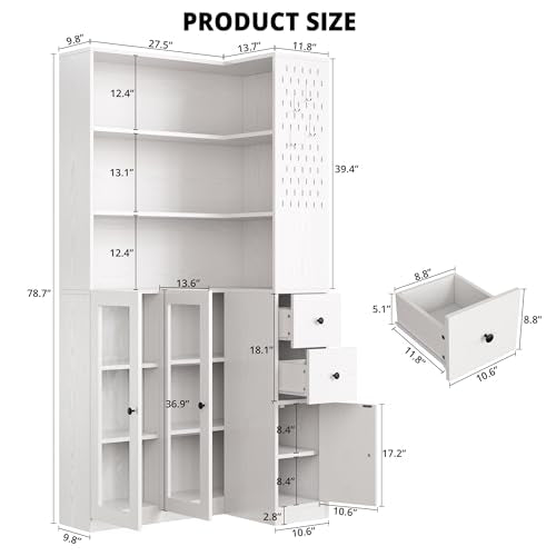 IRONCK Corner Bookshelf with LED Lights, 78.7" Tall Corner Bookshelves with 2 Drawers & Transparent Doors, 7 Tiers L-Shaped Bookcase with Open Shelves and Pegboards for Living Room, Home Office, White IRONCK