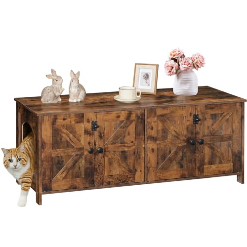 HOOBRO 47.2" Litter Box Enclosure for 2 Cats, Hidden Litter Box Furniture with Double Rooms, Wooden Cat Litter Box Enclosure, Dual Litter Box Design, Large Cat House for 2 Cats, Rustic Brown BF32MW01 HOOBRO