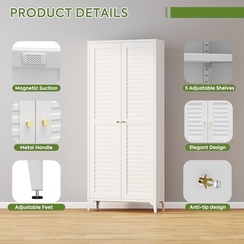METALYEYE 74" H Kitchen Pantry Storage Cabinet, Metal Storage Cabinets with 5 Adjustable Shelves for Home, Kitchen, Living Room, Required Assembly, White METALYEYE