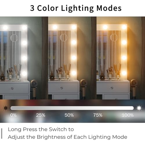 FUSOU 13 Drawers Vanity Desk, 47''W Makeup Vanity with Power Outlet, Vanity Table with Mirror and 12 LED Bulbs, 3 Color Lighting Modes, Glass Top, Dressing Table for Bedroom (White) FUSOU