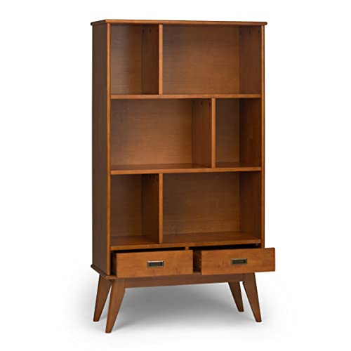 SIMPLIHOME Draper SOLID HARDWOOD 35 Inch Mid Century Modern Wide Bookcase and Storage Unit in Teak Brown, For the Living Room, Study Room and Office SIMPLIHOME
