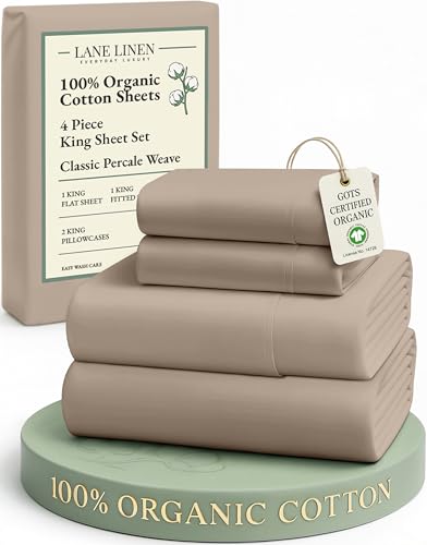 LANE LINEN 100% Organic Cotton Sheets Set, Long- Staple Percale Weave Ultra Soft Best- Bedding Sheets for Bed, GOTS Certified, Fits Mattress Upto 15inch Deep Pocket (King, Taupe) LANE LINEN