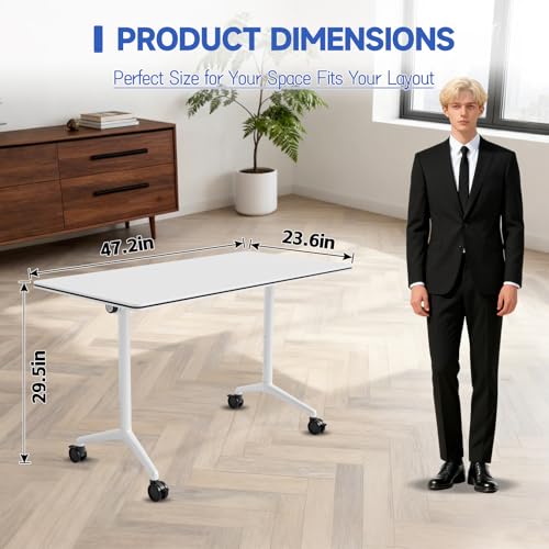2pcs 47.2 Inch Folding Conference Table with Silent Wheels,Mobile foldable Flip Top Rectangular Meeting Tables for Office Training classroom,Locking Rolling Modular White Desk for Space Saving JFazzruit