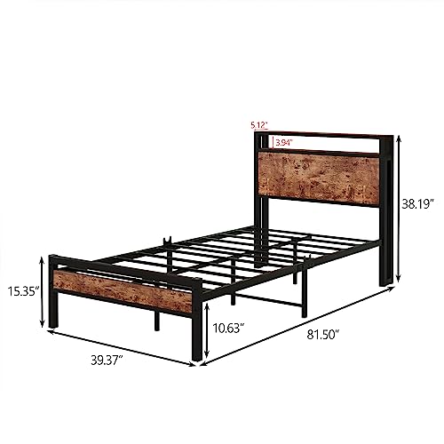HOJINLINERO Twin Bed Frame with Storage Headboard/USB Charging Station,Single Platform Bed Frame Twin Size No Box Spring Needed,Strong Steel Slats Support,Bedroom Furniture,Rustic Brown HOJINLINERO