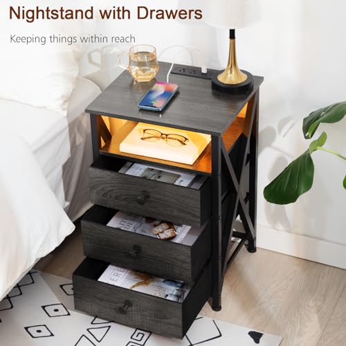 AMHANCIBLE Night Stand Set 2, LED Nightstand with Charging Station, End Side Tables with USB Port & Outlet, Bedside Table with Fabric Drawers for Bedroom Living Room, Dark Grey, HET053LDG AMHANCIBLE