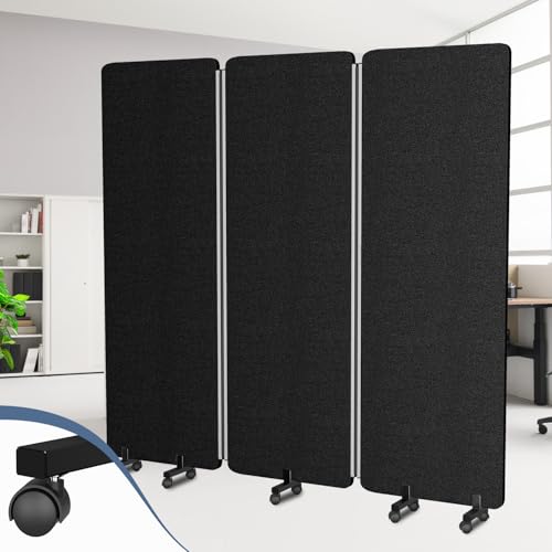 Room Divider Soundproof Privacy Panel with Wheels, 3 Panel Wall Divider (Aluminum Frame) for Room Partition, Folding Room Dividers Space Separation Office Cubicle Wall Divider Sound Proof Separator HOMSCREENER