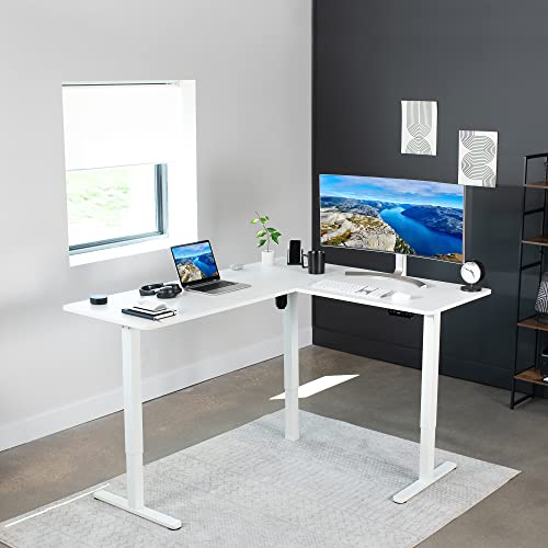 VIVO Corner Standing Desk, 63 x 55 inch Reversible L-Shaped Workstation, Electric Height Adjustment, Home, Office, and Reception Rooms, White Table Top White Frame, DESK-E3CTW VIVO