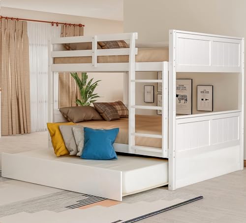 MERITLINE White Full Over Full Bunk Bed with Trundle - Solid Wood Detachable Design for Kids MERITLINE