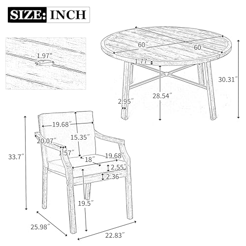 VilroCaz 6-Person Acacia Wood Outdoor Dinning Set, All-Weather Outdoor Round Dining Table with Umbrella Hole and 6 Cushion Chairs for Patio Backyard Garden VilroCaz
